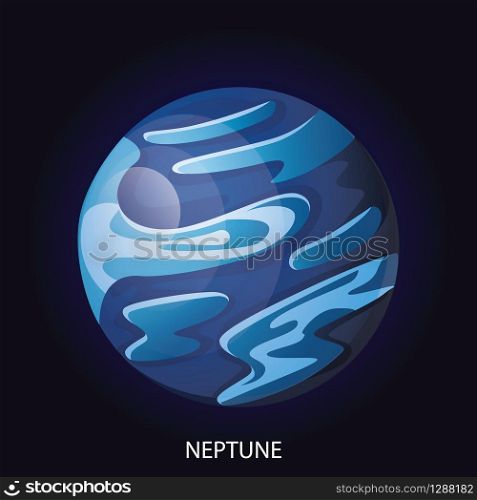 Planet Neptune 3D cartoon vector illustration. Spherical blue planet with illuminated surface with relief isolated on dark blue cosmic background. Planet Neptune cartoon vector illustration