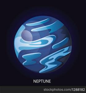 Planet Neptune 3D cartoon vector illustration. Spherical blue planet with illuminated surface with relief isolated on dark blue cosmic background. Planet Neptune cartoon vector illustration