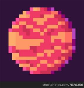 Planet of rounded shape vector, isolated celestial body with spots, pixel game graphics, element designed with pixelated effect, mosaic 8 bit galaxy. Planet with Spots, Pixel Space Game Graphics Vector