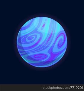 Planet of water and ice crystals, snowy swirls isolated flat cartoon icon. Vector cosmic galaxy outer space planet, ui game element. Round globe of frozen aqua, liquid sphere, fantasy aliens world. Cartoon planet of ice crystals and blue sea water