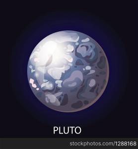 Planet Pluto 3D cartoon vector illustration. Spherical planet with gray illuminated surface with craters and relief isolated on dark blue cosmic background. Planet Pluto cartoon vector illustration