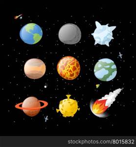 Planet set dark background. Dark space. Planets of solar system by having cartoon style. Earth, Jupiter. Mars and the Sun. falling meteorite. Fireball asteroid. Yellow Moon. Planet icons isolated. Astronomy, space objects elements&#xA;