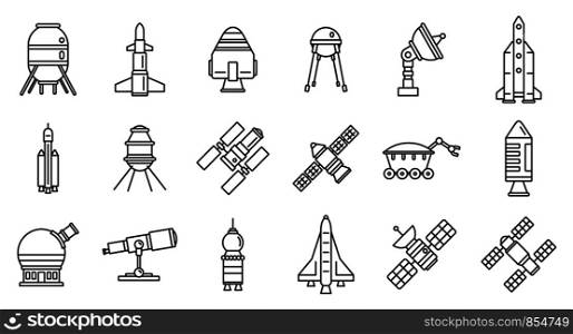 Planet space research technology icons set. Outline set of planet space research technology vector icons for web design isolated on white background. Planet space research technology icons set, outline style