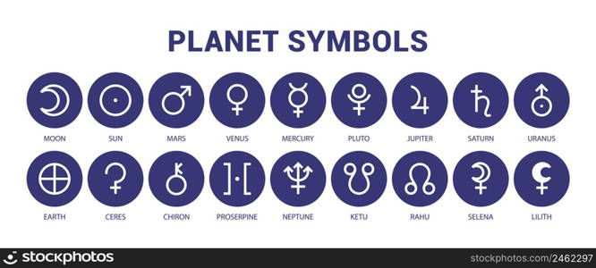 Planet symbol set. Mars, venus, mercury and moon. Sun, pluto, jupiter and saturn. Uranus, earth, ceres and chiron. Proserpine, neptune, ketu and rahu. Selena and lilith.. Planet symbol set. Mars, venus, mercury and moon. Sun, pluto, jupiter and saturn. Uranus, earth, ceres and chiron. Proserpine, neptune, ketu and rahu. Selena and lilith