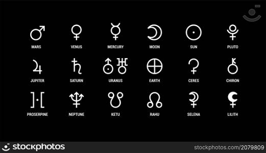 Planet symbol. Vector white sign on black. Mars and venus, mercury and moon. Sun and pluto, jupiter and saturn. Uranus and earth, ceres and chiron. Neptune, ketu and rahu. Selena and lilith.. Planet symbol. Vector white sign on black. Mars, venus, mercury and moon. Sun, pluto, jupiter and saturn. Uranus, earth, ceres and chiron. Proserpine, neptune, ketu and rahu. Selena and lilith