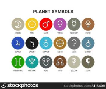 Planet symbols. Mars, venus, mercury and moon. Sun, pluto, jupiter and saturn. Uranus, earth, ceres and chiron. Proserpine, neptune, ketu and rahu. Selena and lilith.. Planet symbols. Mars, venus, mercury and moon. Sun, pluto, jupiter and saturn. Uranus, earth, ceres and chiron. Proserpine, neptune, ketu and rahu. Selena and lilith