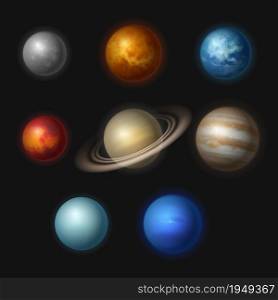 Planet systems. Realistic universe objects stars systems astronomy moon gravity jupiter vector collection. Illustration mars and jupiter, realistic solar planetary cosmos. Planet systems. Realistic universe objects stars systems astronomy moon gravity jupiter vector collection