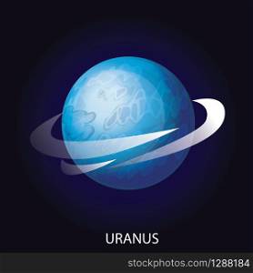 Planet Uranus 3D cartoon vector illustration. Spherical blue planet with illuminated surface with relief and gas rings isolated on dark blue cosmic background. Planet Uranus cartoon vector illustration