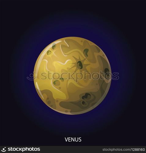 Planet Venus 3D cartoon vector illustration. Spherical planet with gray illuminated surface with craters and relief isolated on dark blue cosmic background. Planet Venus cartoon vector illustration