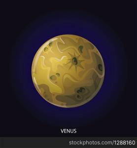 Planet Venus 3D cartoon vector illustration. Spherical planet with gray illuminated surface with craters and relief isolated on dark blue cosmic background. Planet Venus cartoon vector illustration