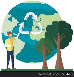 Planet with arrows as symbol. Male character is holding recycling logo on background of world globe. Saving Earth and environmental care concept. Planet Earth with eco symbol vector illustration. Planet with arrows as symbol. Male character is holding recycling logo on background of world globe