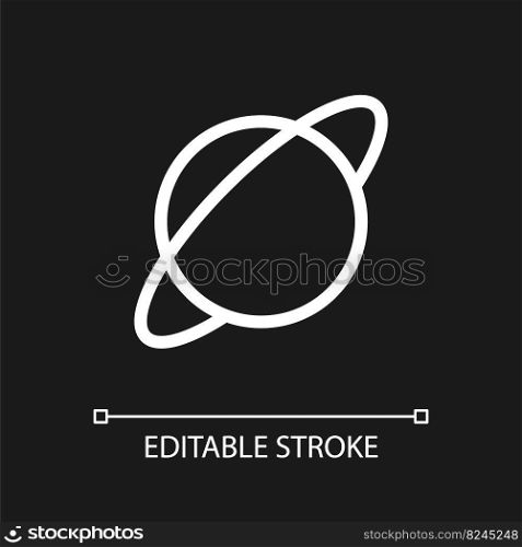 Planet with ring pixel perfect white linear ui icon for dark theme. School astronomy course. Vector line pictogram. Isolated user interface symbol for night mode. Editable stroke. Arial font used. Planet with ring pixel perfect white linear ui icon for dark theme