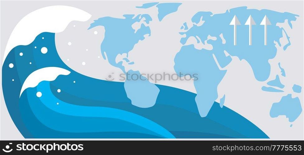 Planet with tsunami natural disaster. Huge wave is about to cover and flood world. Climate and weather changes on planet are leading to increase in water level. Tsunami is approaching countries. Earth planet with tsunami natural disaster. Climate and weather changes increase water level