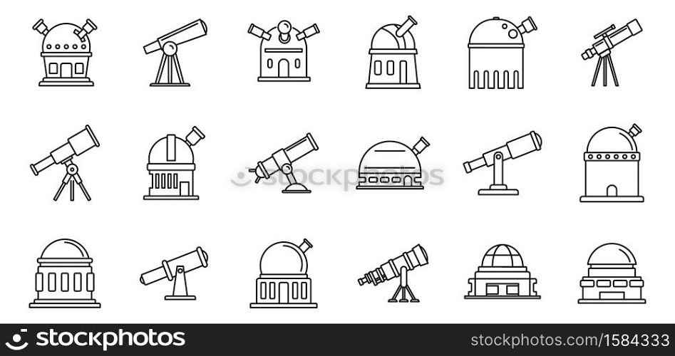 Planetarium astronomy icons set. Outline set of planetarium astronomy vector icons for web design isolated on white background. Planetarium astronomy icons set, outline style