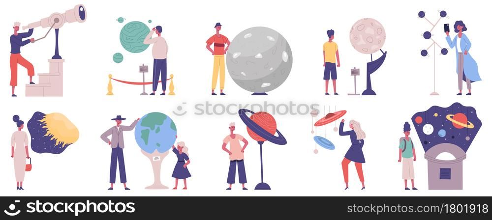 Planetarium, astronomy observatory scientific exhibition visitors characters. Astronomy solar system exhibition vector illustration set. Observatory excursion visitors looking at planet, moon models. Planetarium, astronomy observatory scientific exhibition visitors characters. Astronomy solar system exhibition vector illustration set. Observatory excursion visitors