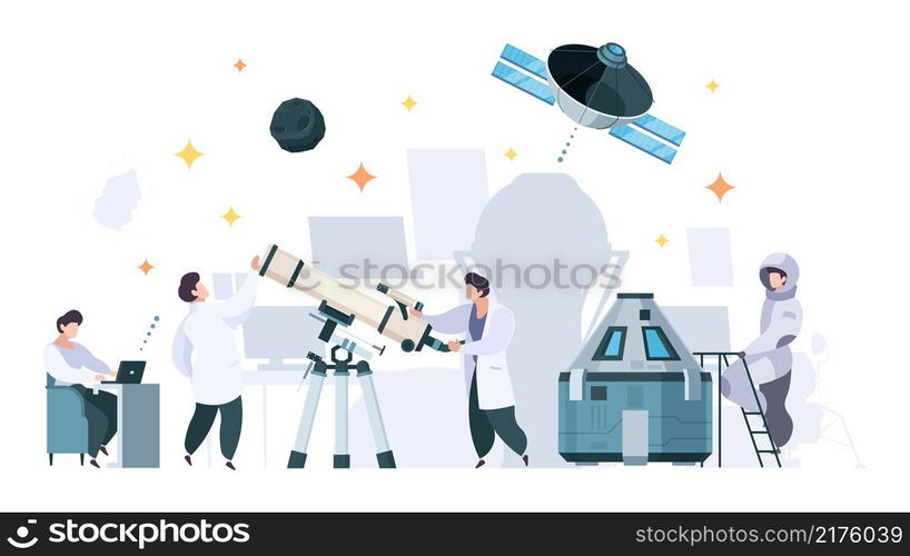 Planetarium characters. Scientific space research exploring universe planets in telescope garish vector flat concept background. Illustration universe education, people astronomy. Planetarium characters. Scientific space research exploring universe planets in telescope garish vector flat concept background