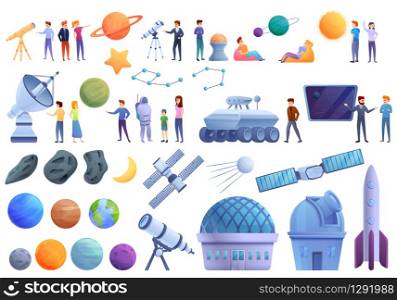 Planetarium icons set. Cartoon set of planetarium vector icons for web design. Planetarium icons set, cartoon style