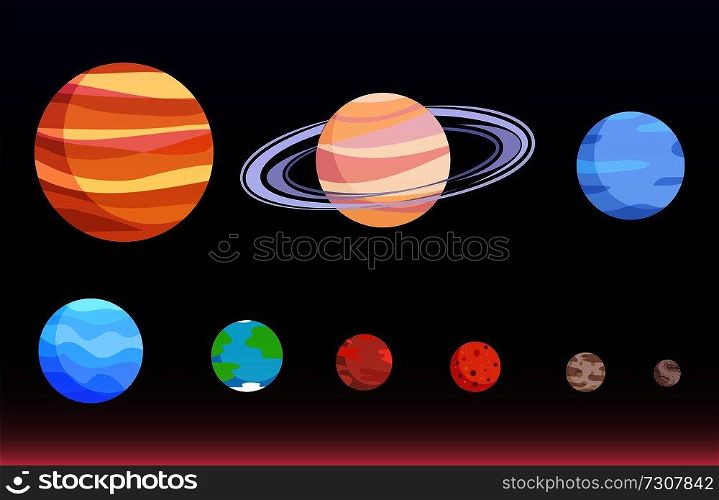 Planets collection, poster with set of celestial objects, Neptune and Mars, Earth and Mercury, Moon and Pluto, vector illustration isolated on black. Planets Collection Poster Vector Illustration