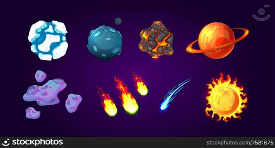 Planets comets and asteroids colored cartoon set isolated on dark background vector illustration