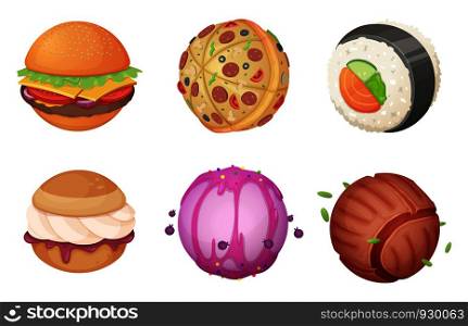 Planets from food. Space set from candy sweets burgher kitchen fantasia fantastic unusual cartoon world with ufo vector pictures. Collection of food planet, burger world and roll sushi illustration. Planets from food. Space set from candy sweets burgher kitchen fantasia fantastic unusual cartoon world with ufo vector pictures