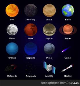 Planets icon set. Isometric set of planets vector icons for web design. Planets icon set, isometric style
