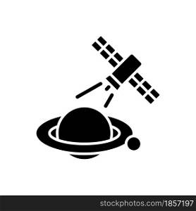 Planets observation process black glyph icon. Capturing planetary anomalies with satelites. Interplanetary space exploration perfomance. Silhouette symbol on white space. Vector isolated illustration. Planets observation process black glyph icon