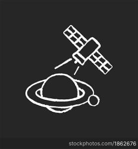 Planets observation process chalk white icon on dark background. Capturing planetary anomalies with satelites. Interplanetary space exploration. Isolated vector chalkboard illustration on black. Planets observation process chalk white icon on dark background