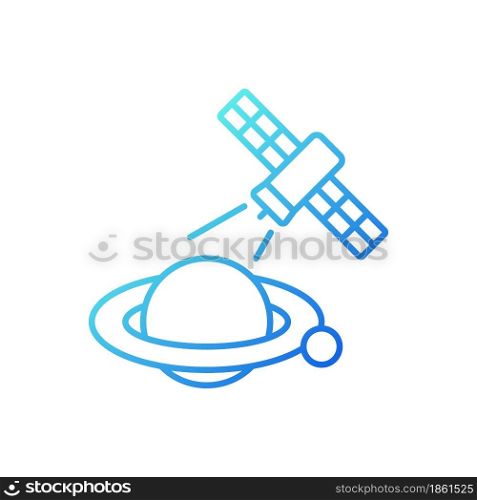 Planets observation process gradient linear vector icon. Capturing planetary anomalies by artifial satelite. Thin line color symbol. Modern style pictogram. Vector isolated outline drawing. Planets observation process gradient linear vector icon