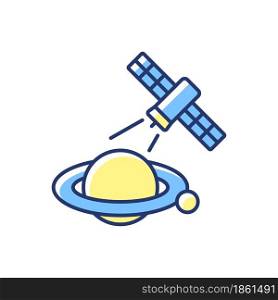 Planets observation process yellow RGB color icon. Capturing planetary anomalies by artifial satelite. Thin line customizable illustration. Isolated vector illustration. Simple filled line drawing. Planets observation process yellow RGB color icon