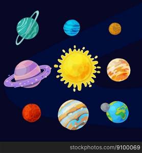 Planets of solar system cartoon set on dark vector image. Planets of solar system cartoon set. Vector illustration