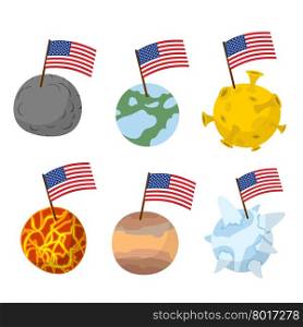 Planets of solar system with flag of America. Discoverers of new planets in space. Vector illustration&#xA;