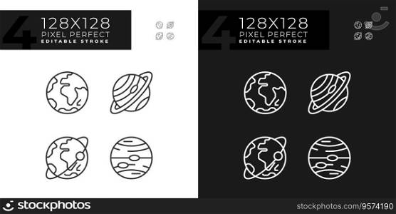 Planets pixel perfect linear icons set for dark, light mode. Astronomy education. Space body. Planetary system. Thin line symbols for night, day theme. Isolated illustrations. Editable stroke. Planets pixel perfect linear icons set for dark, light mode