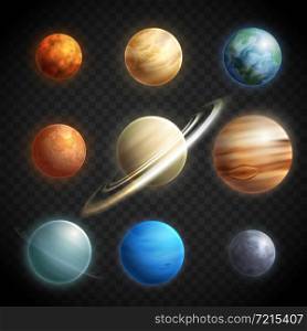 Planets realistic transparent set with Solar System planets isolated vector illustration . Planets Realistic Transparent Set