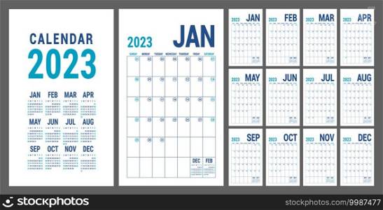 Planner 2023 year. English blue calendar template. Vector grid. Office business planning. Creative design