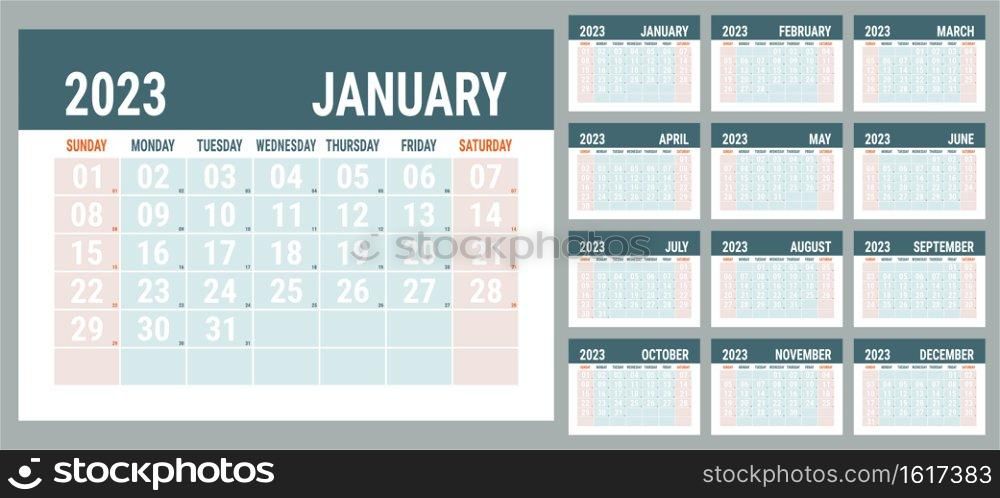 Planner 2023 year. English calendar template. Vector horizontal grid. Landscape orientation. Office business planning. Creative design. Red and grey color