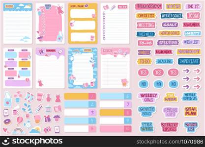 Planner and stickers. Organized daily notebooks, diary agenda reminder. Check lists calendar cards, weekly labels template vector kids planning paper set. Planner and stickers. Organized daily notebooks, diary agenda reminder. Check lists calendar cards, weekly labels template vector set