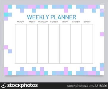 Planner for week worksheet design template. Blank printable goal setting sheet. Time management s&le. Scheduling page for organizing personal tasks. Barlow Medium, Oxygen Regular fonts used. Planner for week worksheet design template