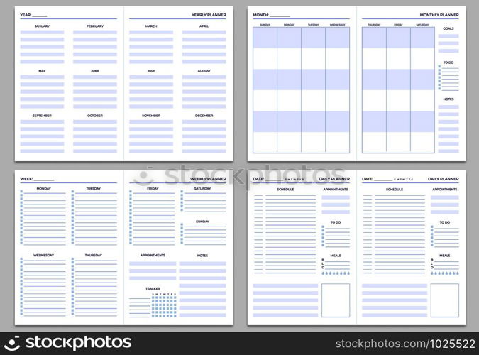 Planner note pages templates. Yearly, monthly and weekly planners. Daily tasks, goals and appointments template, to do list planning or management calendar. Notepad paper isolated vector set. Planner note pages templates. Yearly, monthly and weekly planners. Daily tasks, goals and appointments template vector set