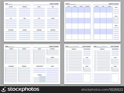 Planner note pages templates. Yearly, monthly and weekly planners. Daily tasks, goals and appointments template, to do list planning or management calendar. Notepad paper isolated vector set. Planner note pages templates. Yearly, monthly and weekly planners. Daily tasks, goals and appointments template vector set