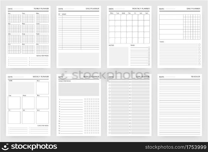Planner pages. Paper sheets for scheduling, writing tasks for year and month, week or day. White blank diary stencils with plans and goals. To do list template. Vector printable organizer mockup set. Planner pages. Paper sheets for scheduling, writing tasks for year and month, week or day. Blank diary stencils with plans and goals. To do list template. Vector printable organizer set