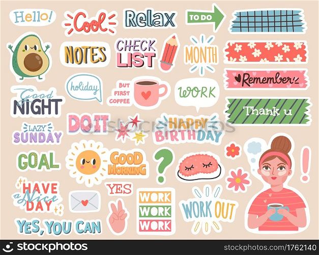 Planner stickers. Cartoon characters and motivation notes for diary, to do list or scrapbook decoration. Organizer journal words vector set with phrases and avocado, girl, sleeping mask badges. Planner stickers. Cartoon characters and motivation notes for diary, to do list or scrapbook decoration. Organizer journal words vector set