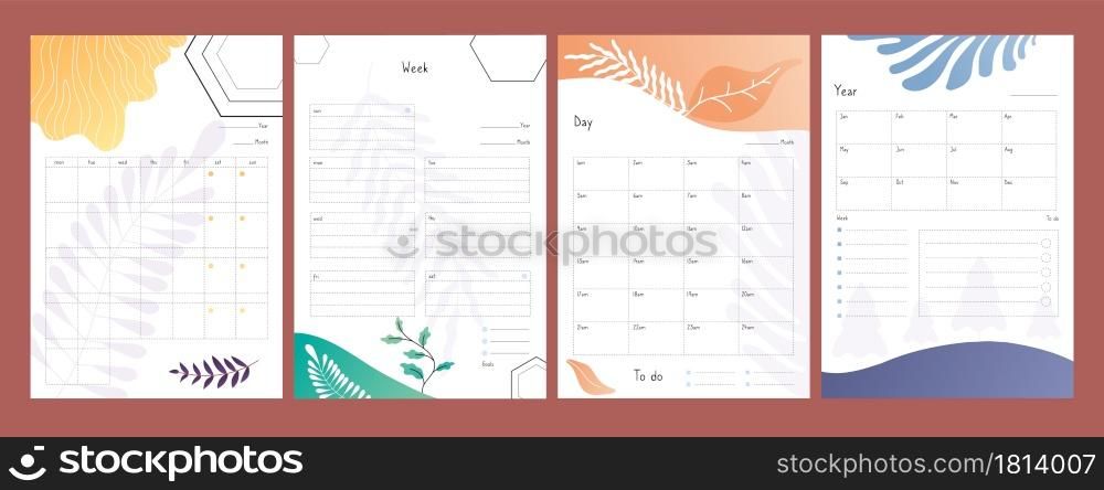 Planners set. To do lists, weekly and daily schedule template, year plan form vector illustration. Organizer calendar, to do paper list, weekly and year. Planners set. To do lists, weekly and daily schedule template, year plan form vector illustration