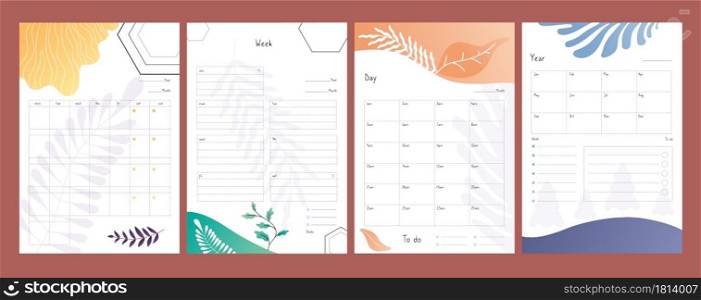 Planners set. To do lists, weekly and daily schedule template, year plan form vector illustration. Organizer calendar, to do paper list, weekly and year. Planners set. To do lists, weekly and daily schedule template, year plan form vector illustration