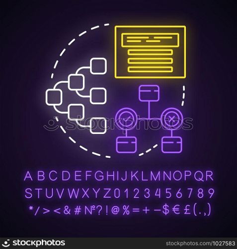 Planning and designing neon light concept icon. System operation algorithm. Systematization of requirements idea. Glowing sign with alphabet, numbers and symbols. Vector isolated illustration