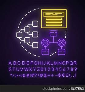 Planning and designing neon light concept icon. System operation algorithm. Systematization of requirements idea. Glowing sign with alphabet, numbers and symbols. Vector isolated illustration