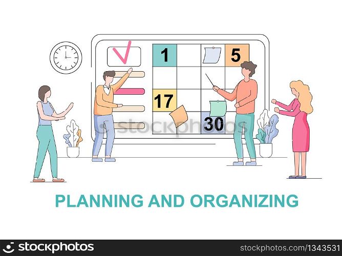 Planning and Organizing Horizontal Banner. Business Team Working and Making Some Planning on Scrum Board in Office. Whiteboard and Process Teamwork. Schedule. Linear Cartoon Flat Vector Illustration.. Teamwork Planning and Organizing Horizontal Banner
