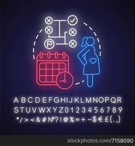 Planning and preparing for pregnancy neon light concept icon. Future mother idea. Calendar method, ovulation. Glowing sign with alphabet, numbers and symbols. Vector isolated illustration