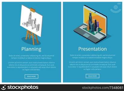 Planning and presentation, web site with text s&le and lettering, board and buildings isolated on vector illustration. Planning and Presentation Vector Illustration
