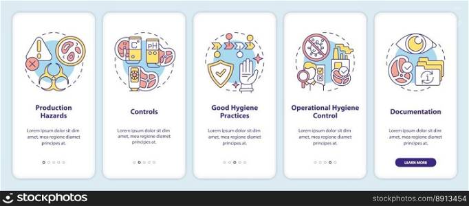 Planning approach to HACCP onboarding mobile app screen. Safety walkthrough 5 steps editable graphic instructions with linear concepts. UI, UX, GUI template. Myriad Pro-Bold, Regular fonts used. Planning approach to HACCP onboarding mobile app screen