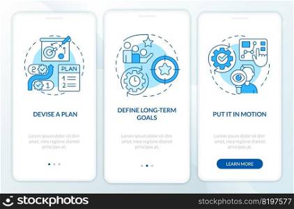 Planning blue onboarding mobile app screen. Business strategy walkthrough 3 steps editable graphic instructions with linear concepts. UI, UX, GUI template. Myriad Pro-Bold, Regular fonts used. Planning blue onboarding mobile app screen